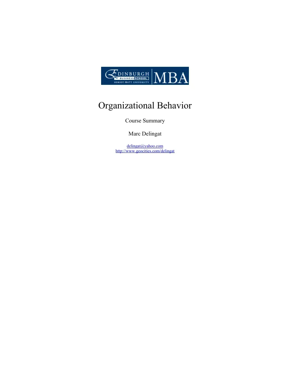 Organizational Behavior Course (Summary 1 of 2) (Tóm tắt khóa học Hành vi Tổ chức) - Marc Delingat