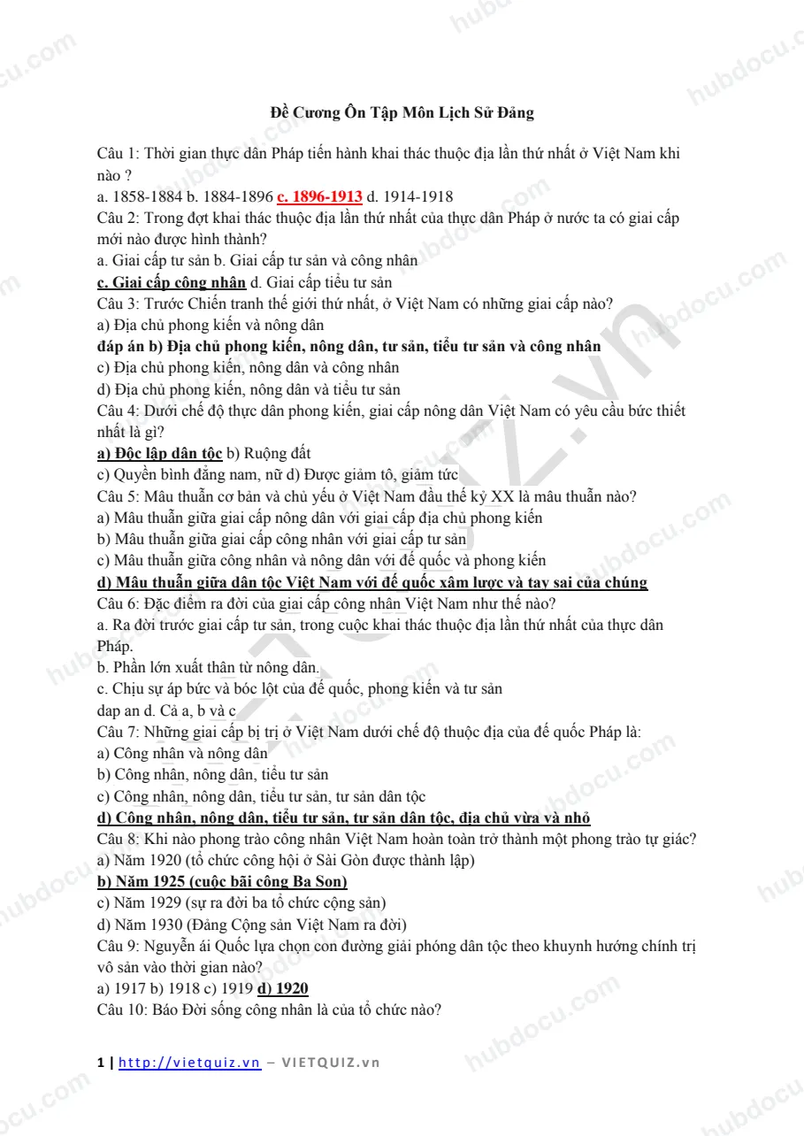 276 câu trắc nghiệm Lịch sử Đảng (kèm Đáp án)