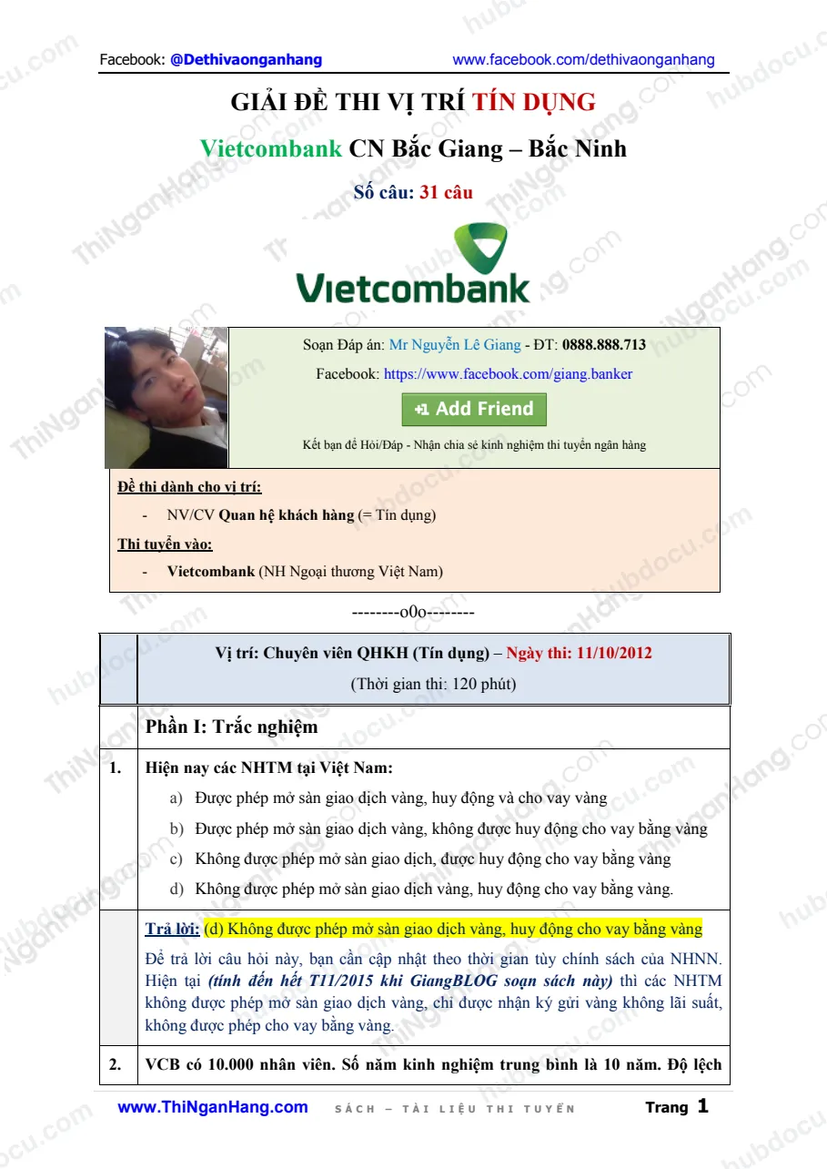 Giải đề thi Tín dụng Vietcombank (VCB) Bắc Giang - Bắc Ninh (11-10-2012)