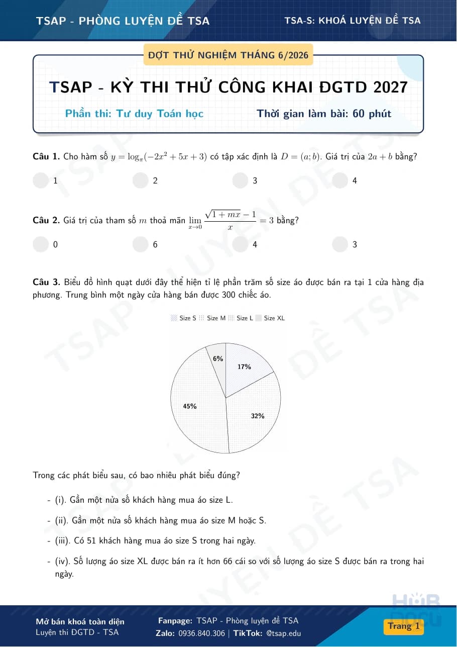 TSAP Thi thử đợt trải nghiệm - Toán