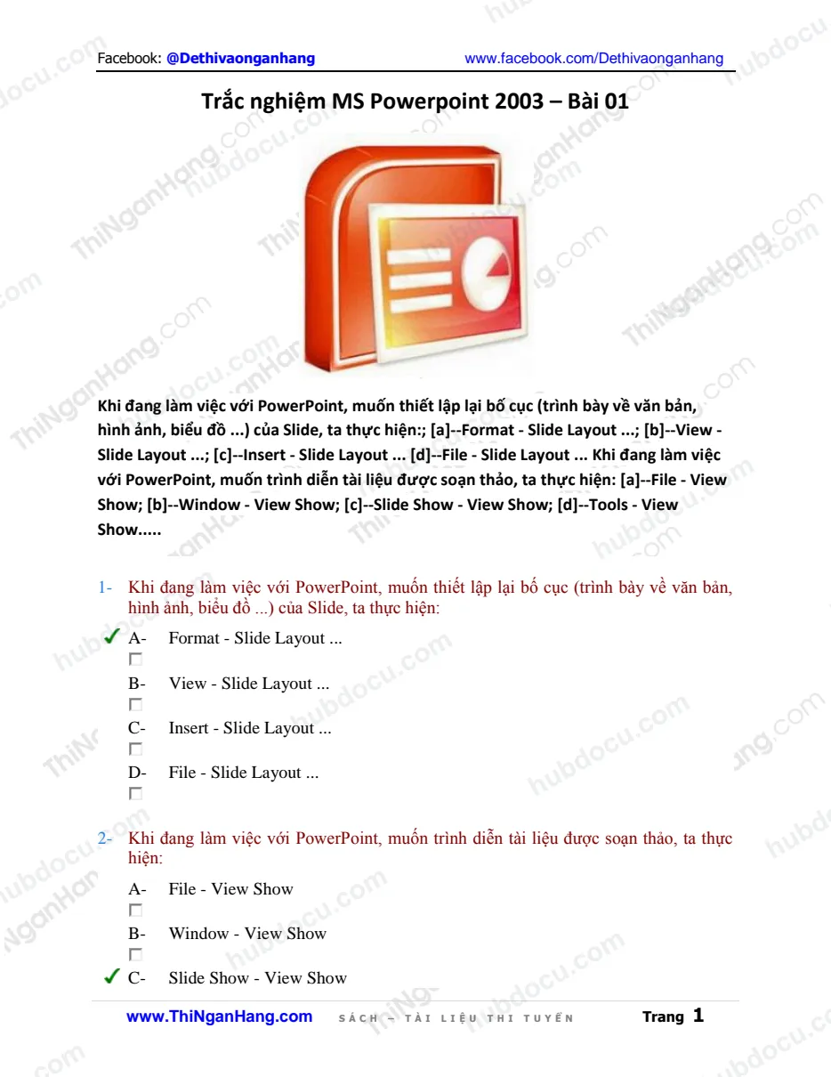 Câu hỏi trắc nghiệm MS Powerpoint 2003 (kèm Đáp án)