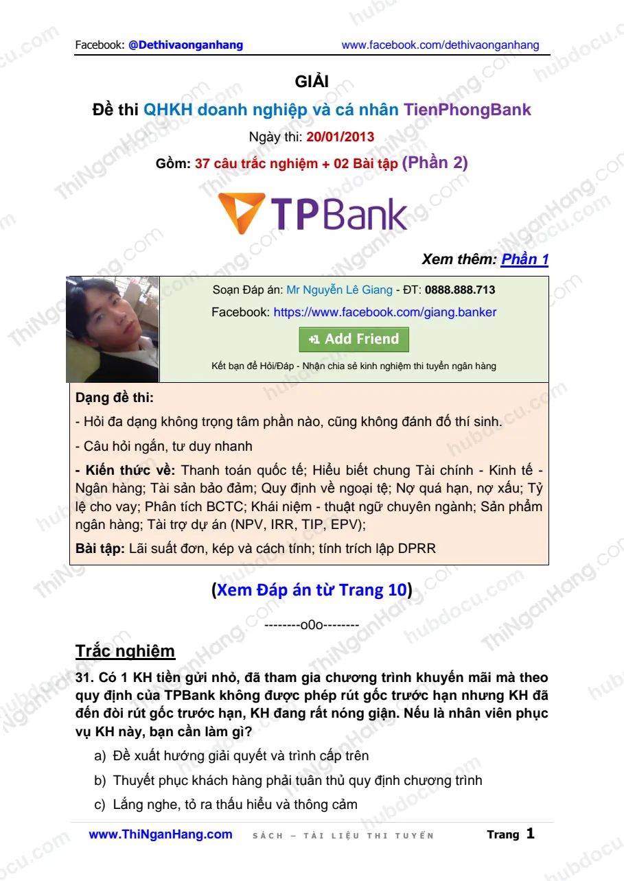 Giải đề QHKH Doanh nghiệp và Cá nhân Tiên Phong Bank (TPBank) 2013 (Phần 2)