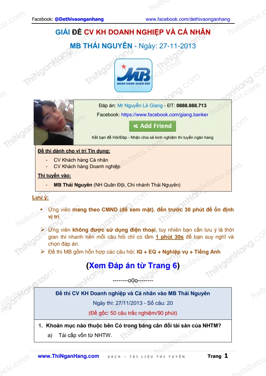Giải Đề CV KH doanh nghiệp và cá nhân MB Thái Nguyên (27-11-2013)