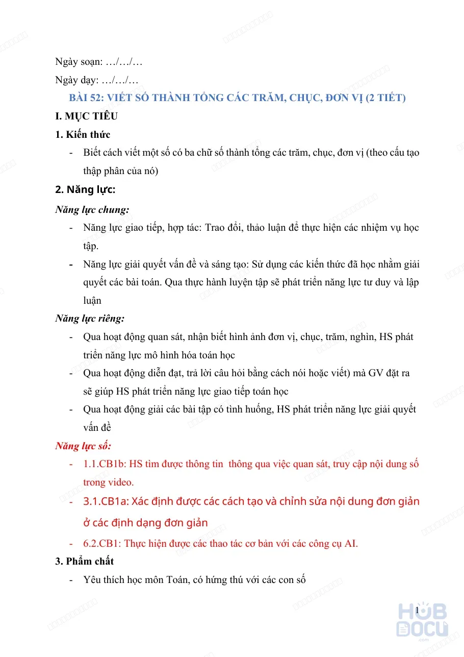 Giáo án Tích hợp năng lực số (Toán 2) - Bài 52. Viết số thành tổng các trăm, chục, đơn vị