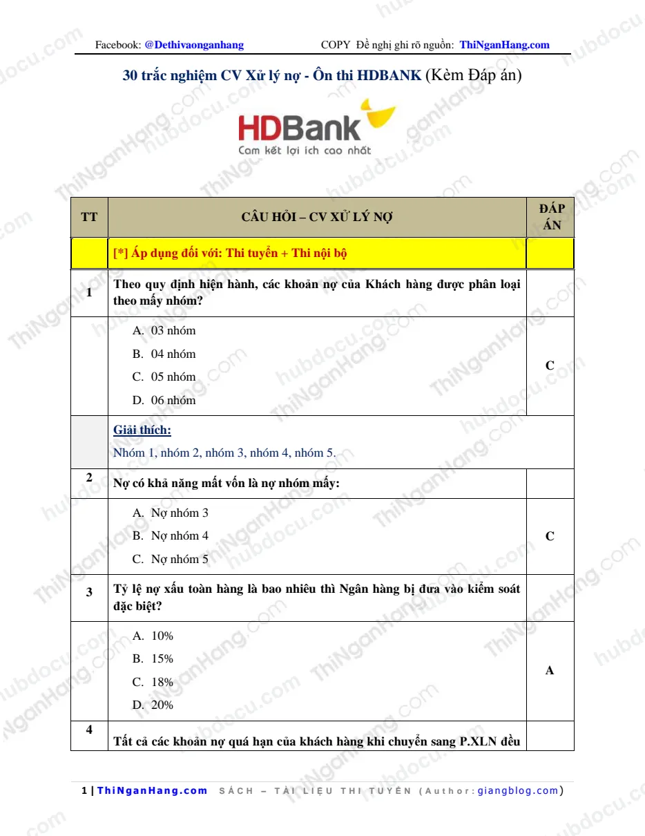 30 trắc nghiệm CV Xử lý nợ - Ôn thi HDBank (kèm Đáp án)
