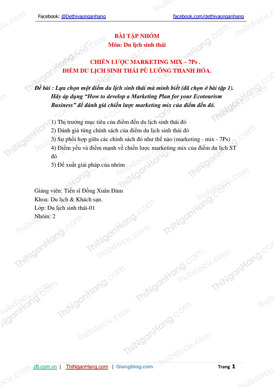 Bài tập nhóm – Môn Du lịch sinh thái - Chiến lược marketing mix – 7ps (điểm du lịch sinh thái pù luông thanh hóa)