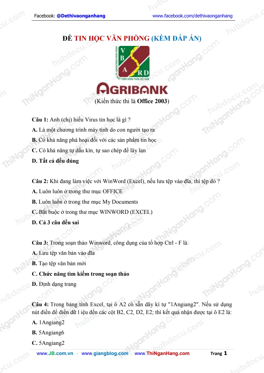 Đáp án 40 câu trắc nghiệm Tin học văn phòng thi Agribank