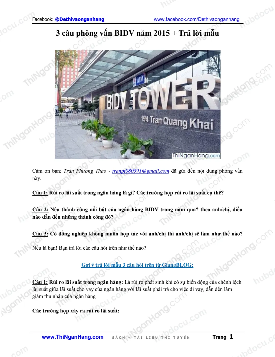 3 câu phỏng vấn BIDV năm 2015 + Trả lời mẫu