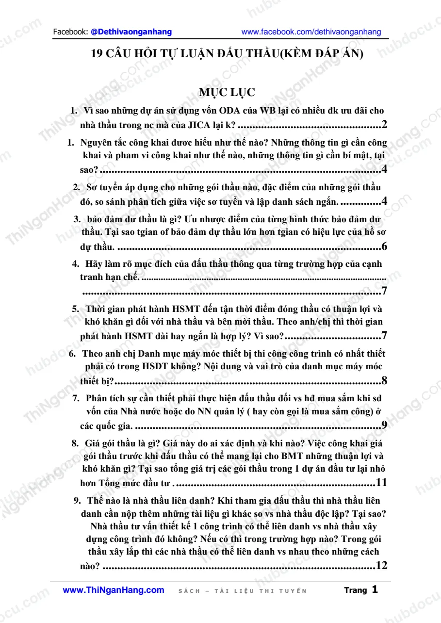 19 câu hỏi tự luận Đấu thầu (Có Đáp án)