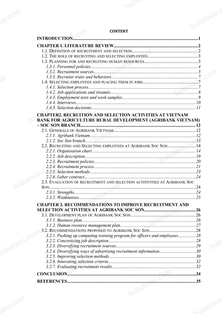 Internship report - Recruitment and selection activities at Agribank Vietnam – Soc Son branch