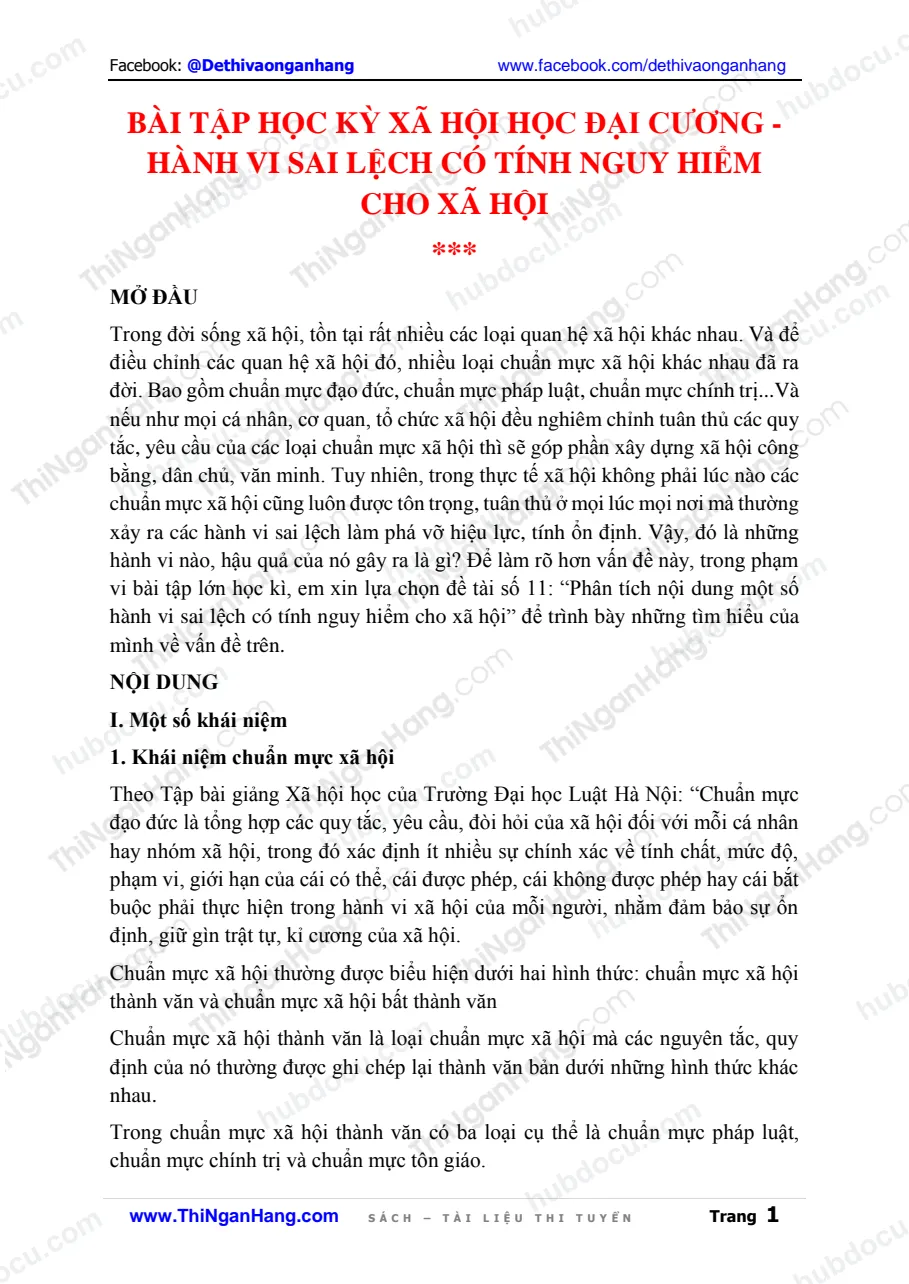 Bài tập học kỳ Xã hội học đại cương - Hành vi sai lệch có tính nguy hiểm cho xã hội