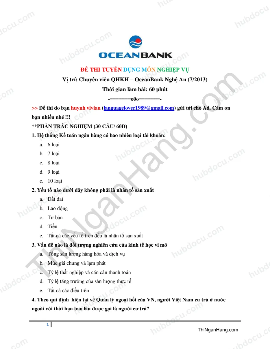 Đề thi CV QHKH - OceanBank Nghệ An (T7-2013)