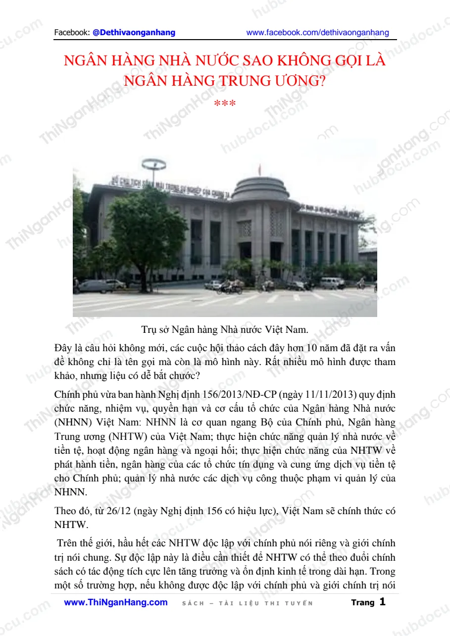 Ngân hàng Nhà nước (NHNN) sao không gọi là Ngân hàng Trung ương