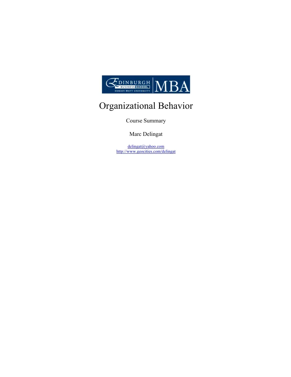 Organizational Behavior Course (Summary 1 of 2) (Hành vi tổ chức) - Marc Delingat