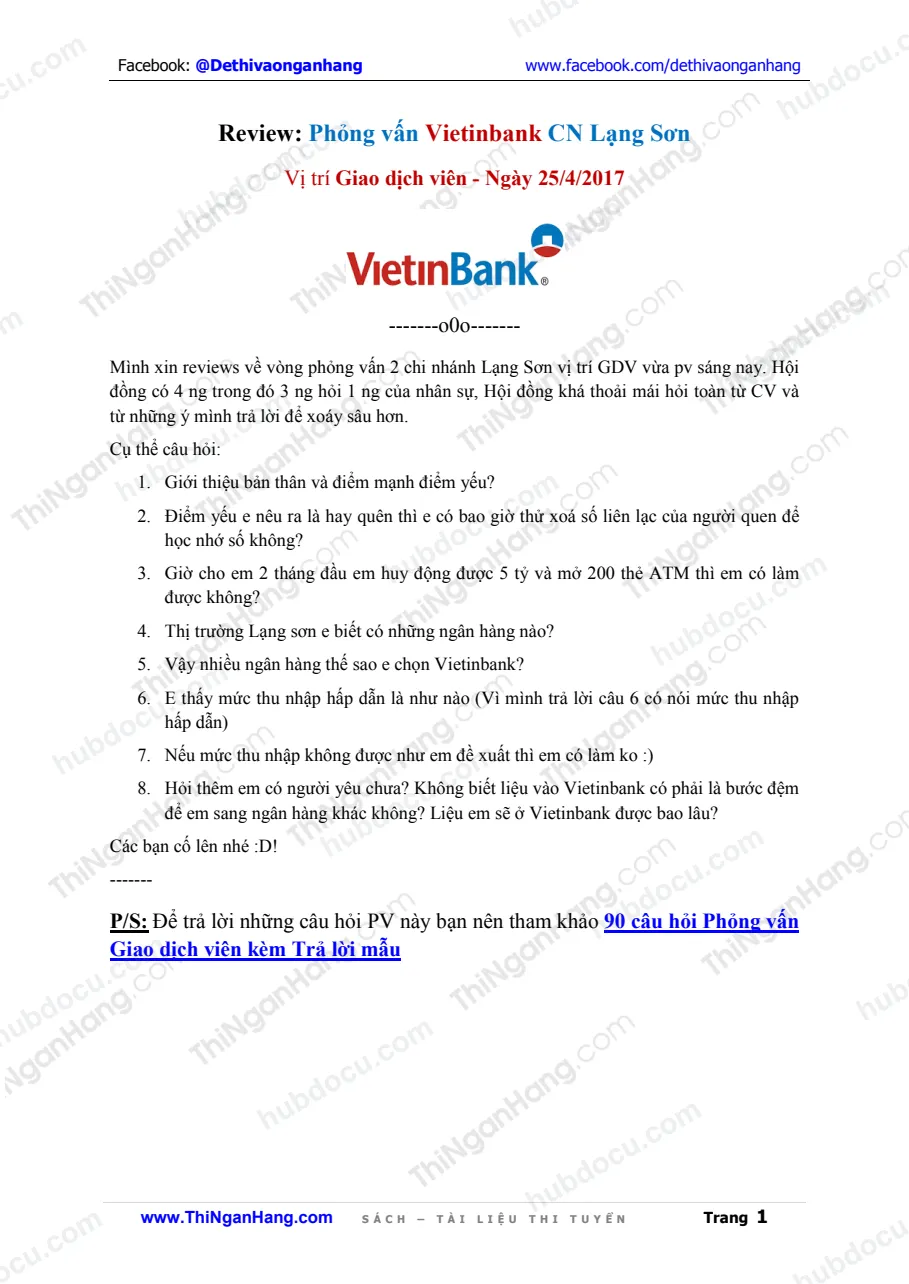 Reviews: Phỏng vấn Giao dịch viên Vietinbank CN Lạng Sơn
