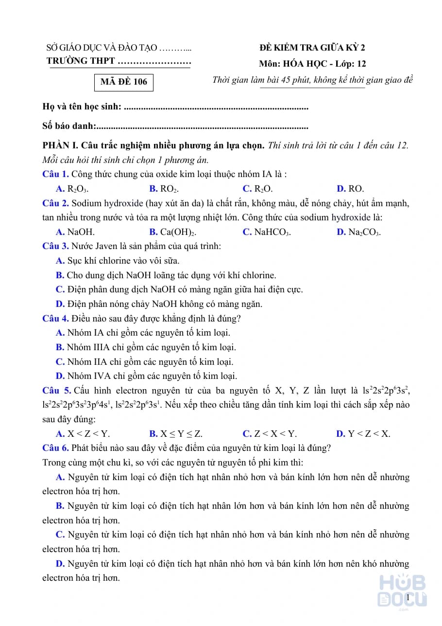 Bộ 10 đề thi Hóa học 12 (Thi giữa kỳ 2) (File HS)