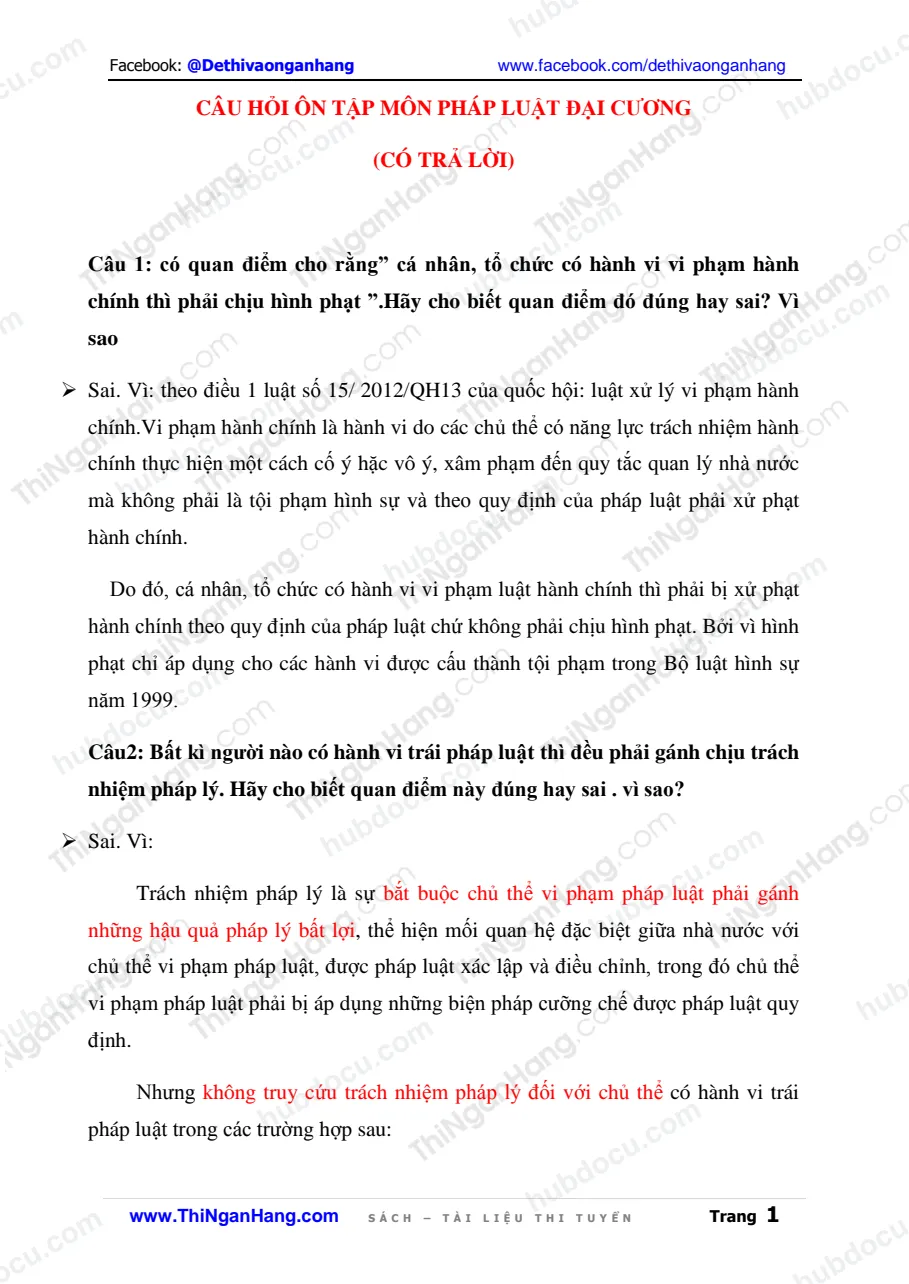 12 câu hỏi ôn tập môn Pháp luật đại cương (có Trả lời)