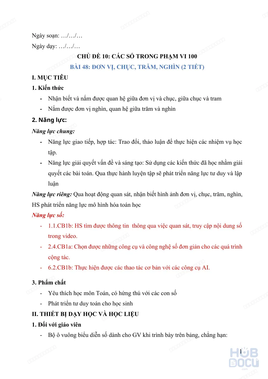 Giáo án Tích hợp năng lực số (Toán 2) - Bài 48. Đơn vị, chục, trăm, nghìn