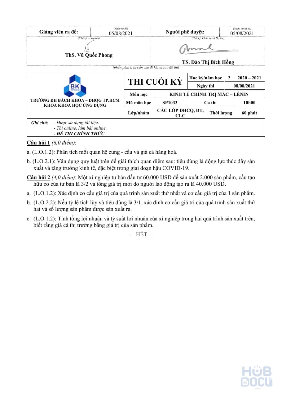 BK202 Đề và đáp án 10h 08082021 (có đáp án) - Vũ Quốc Phong, Đào Thị