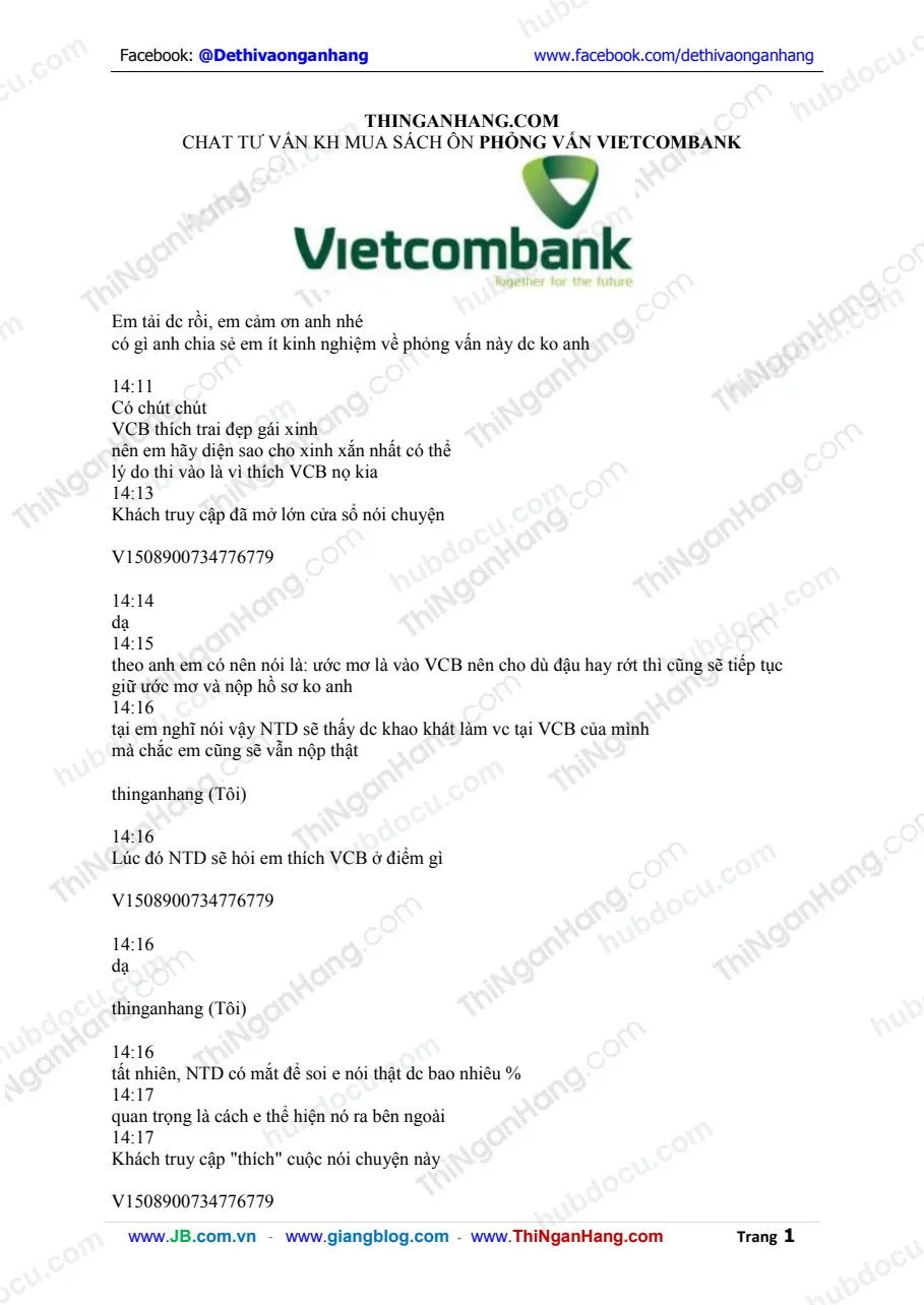 Chat tư vấn khách hàng phỏng vấn Vietcombank (VCB)