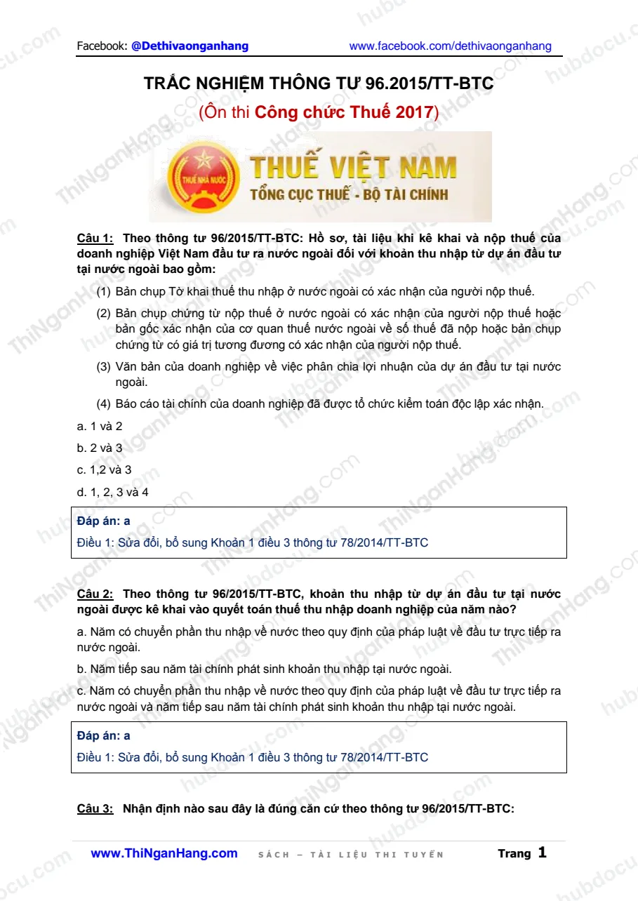 Trắc nghiệm Thông tư 96-2015-TT-BTC - Ôn thi Công chức Thuế
