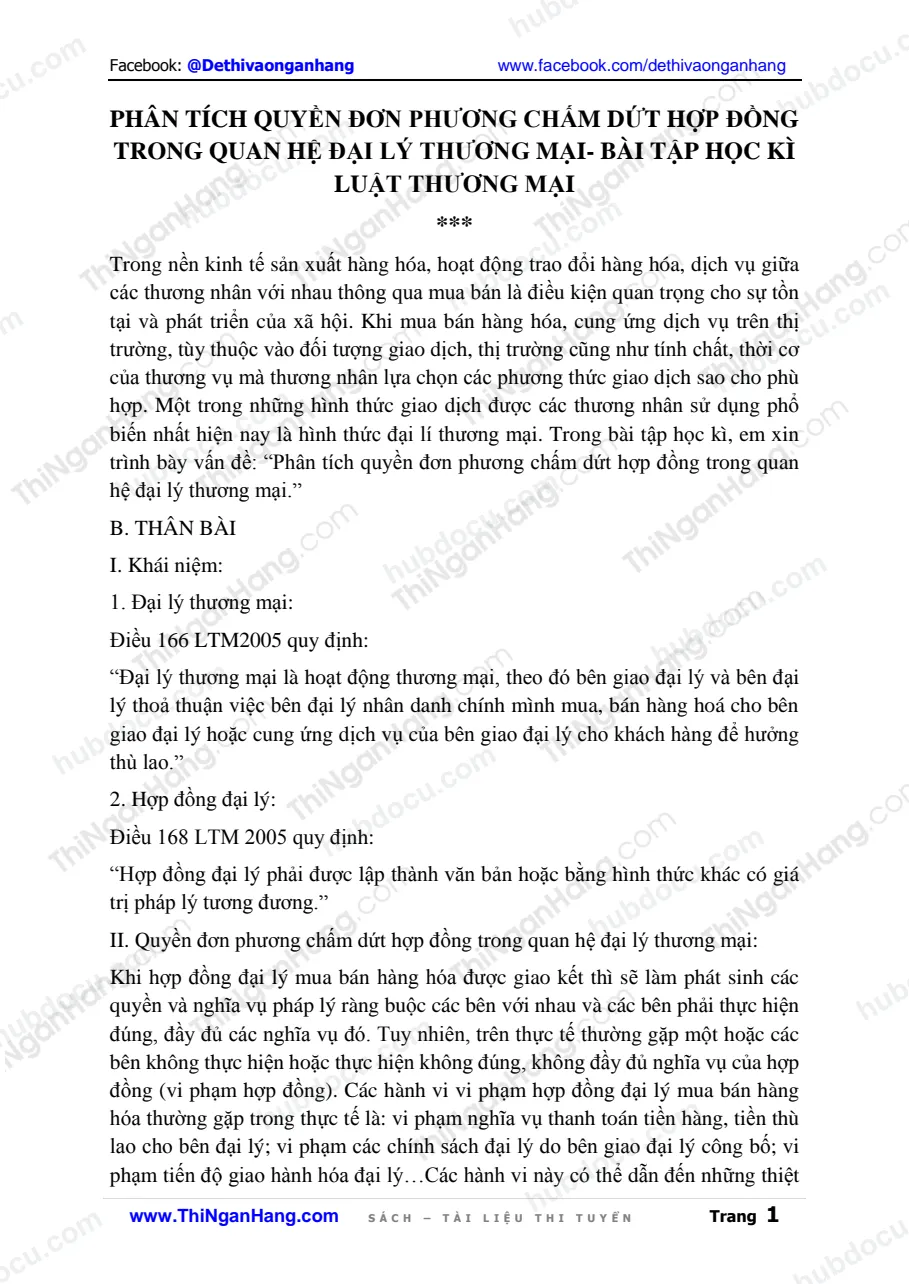 Phân tích quyền đơn phương chấm dứt hợp đồng trong quan hệ đại lý thương mại - Bài tập học kì Luật thương mại