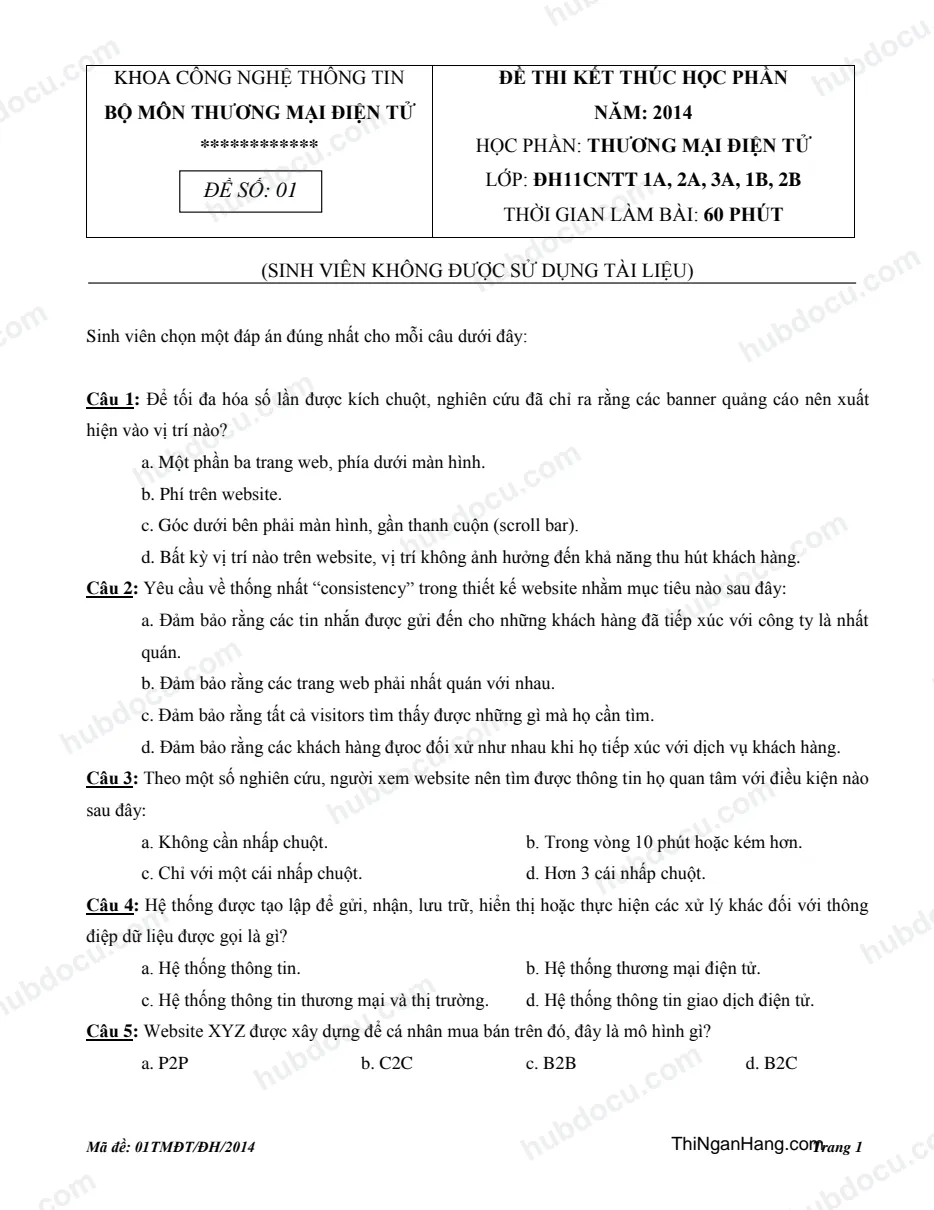 Đề thi môn Thương mại điện tử - Khoa CNTT