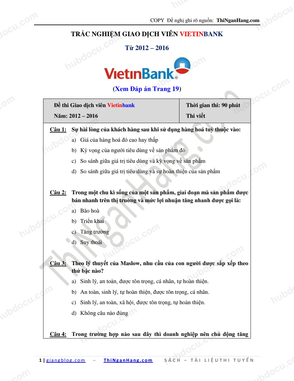 Trắc nghiệm Giao dịch viên Vietinbank 2012-2016 (Có Đáp án)