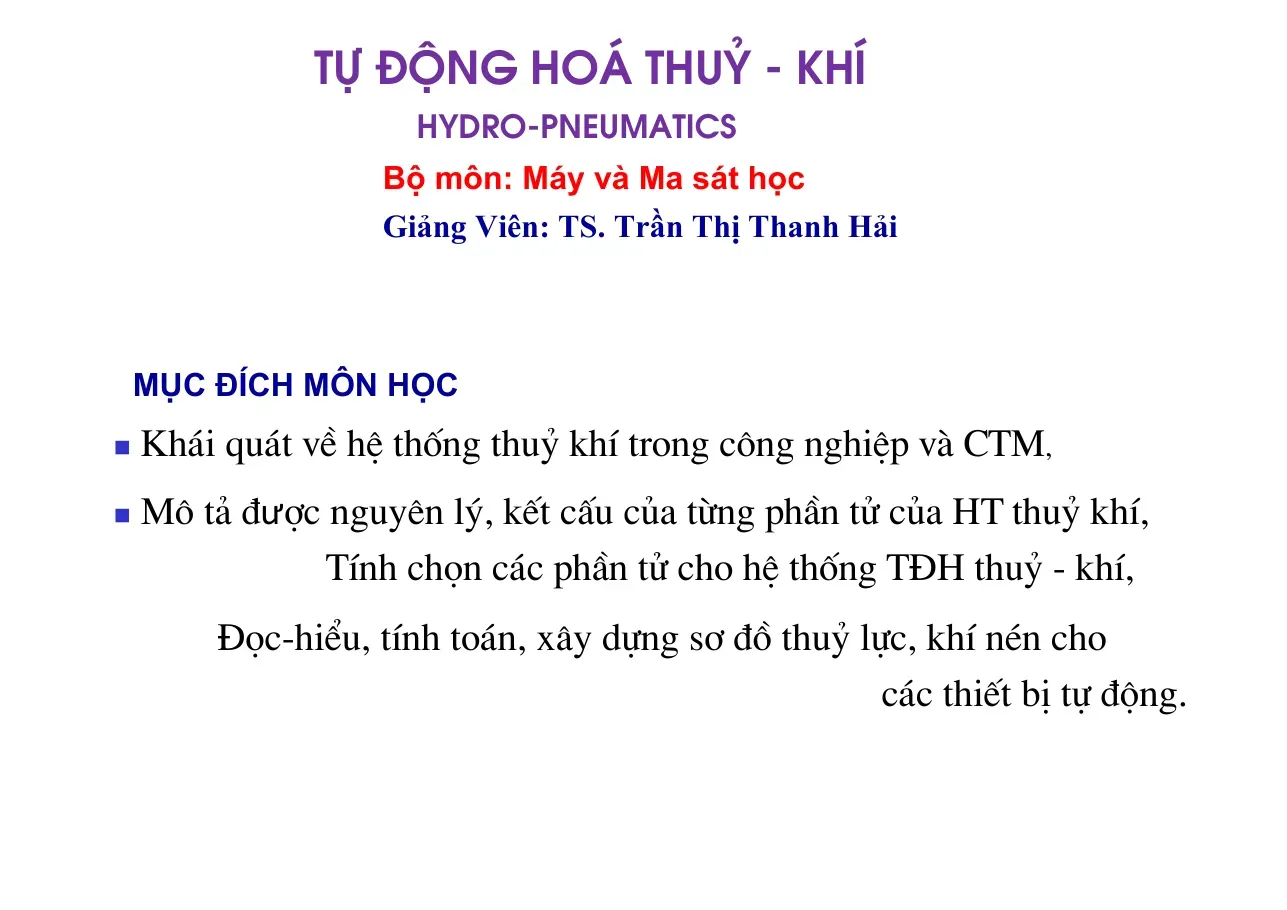 Nhập môn Tự động hóa Thủy khí - GV.TS. Trần Thị Thanh Hải