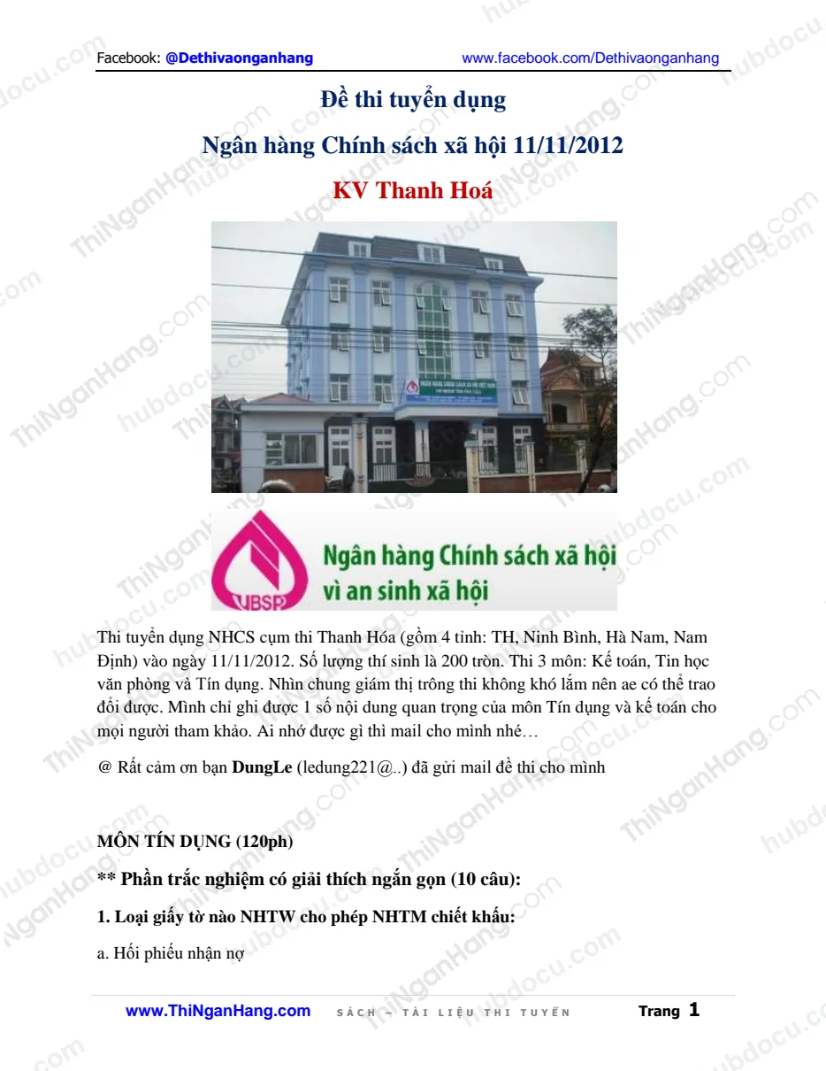 Đề thi Tín dụng - Kế toán NH Chính sách xã hội (VBSP) Thanh Hoá năm 2012