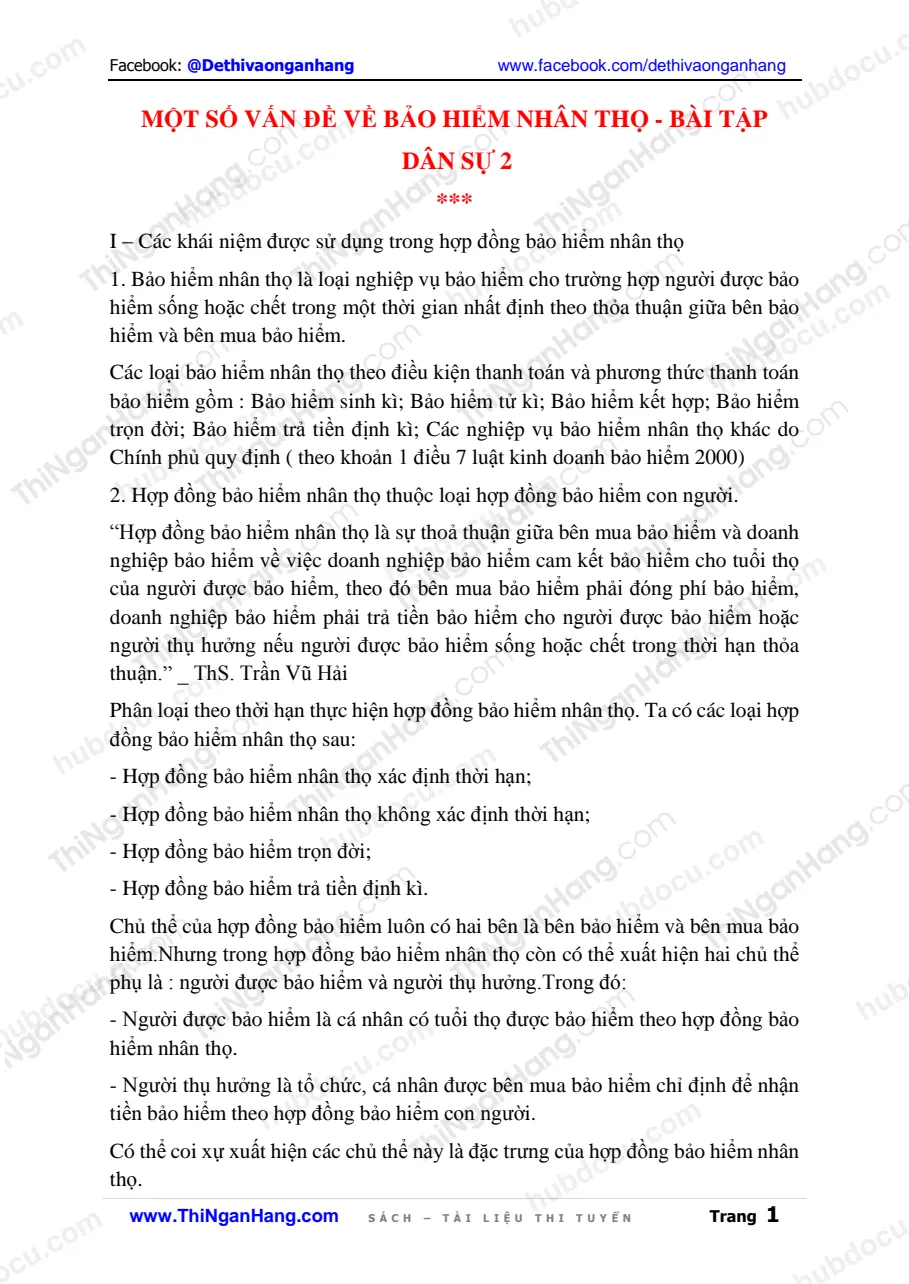 Một số vấn đề về bảo hiểm nhân thọ - Bài tập Dân sự 2
