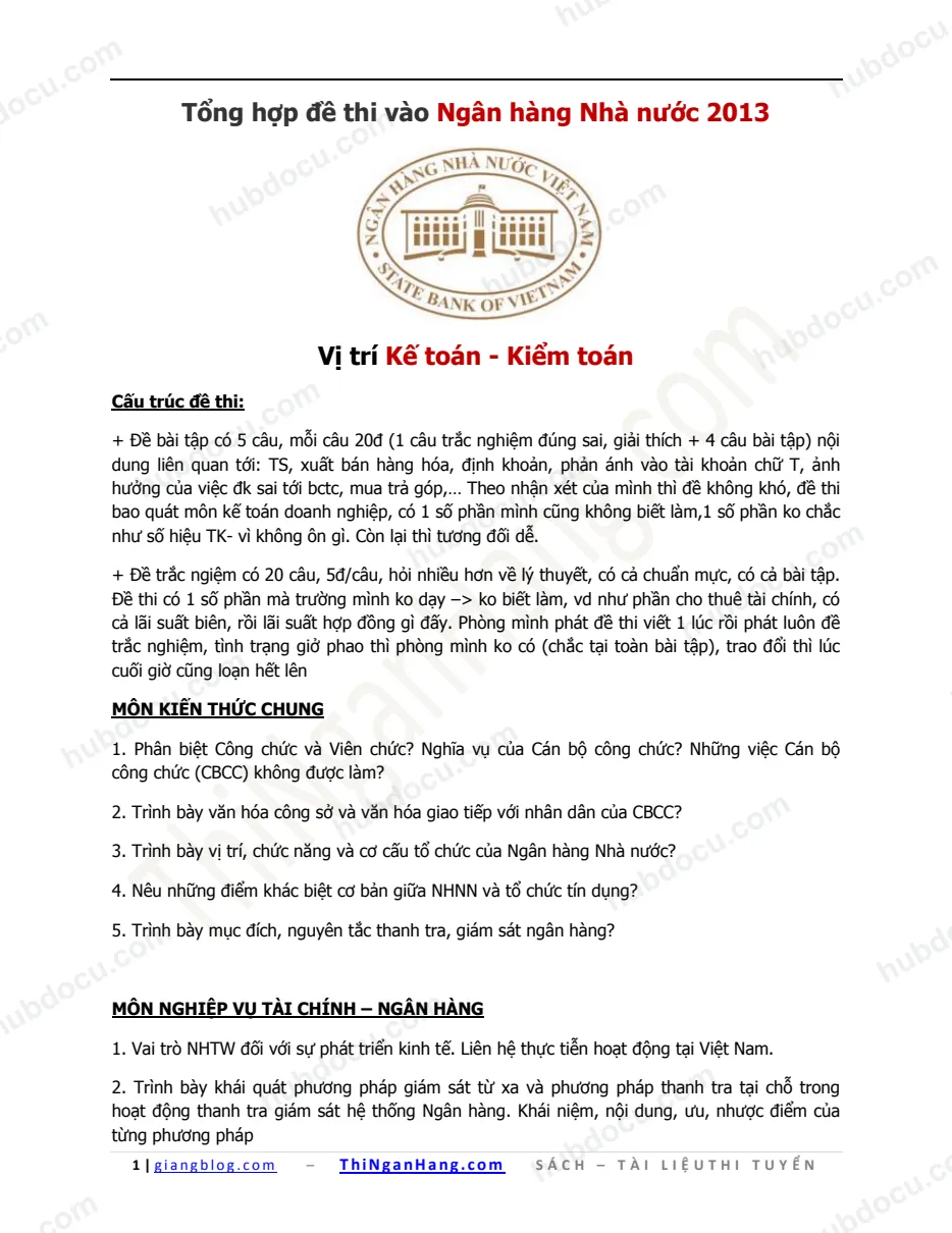 Tổng hợp đề thi vị trí Kế toán - Kiểm toán vào NHNN 2013