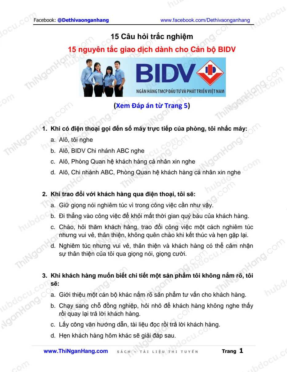 15 trắc nghiệm Nguyên trắc giao dịch dành cho cán bộ BIDV