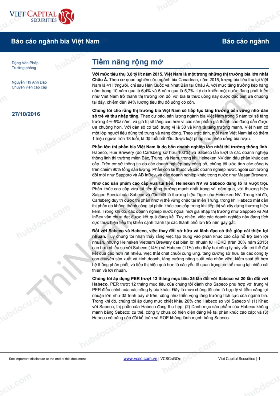 Báo cáo tăng trưởng Ngành Bia Việt Nam năm 2016