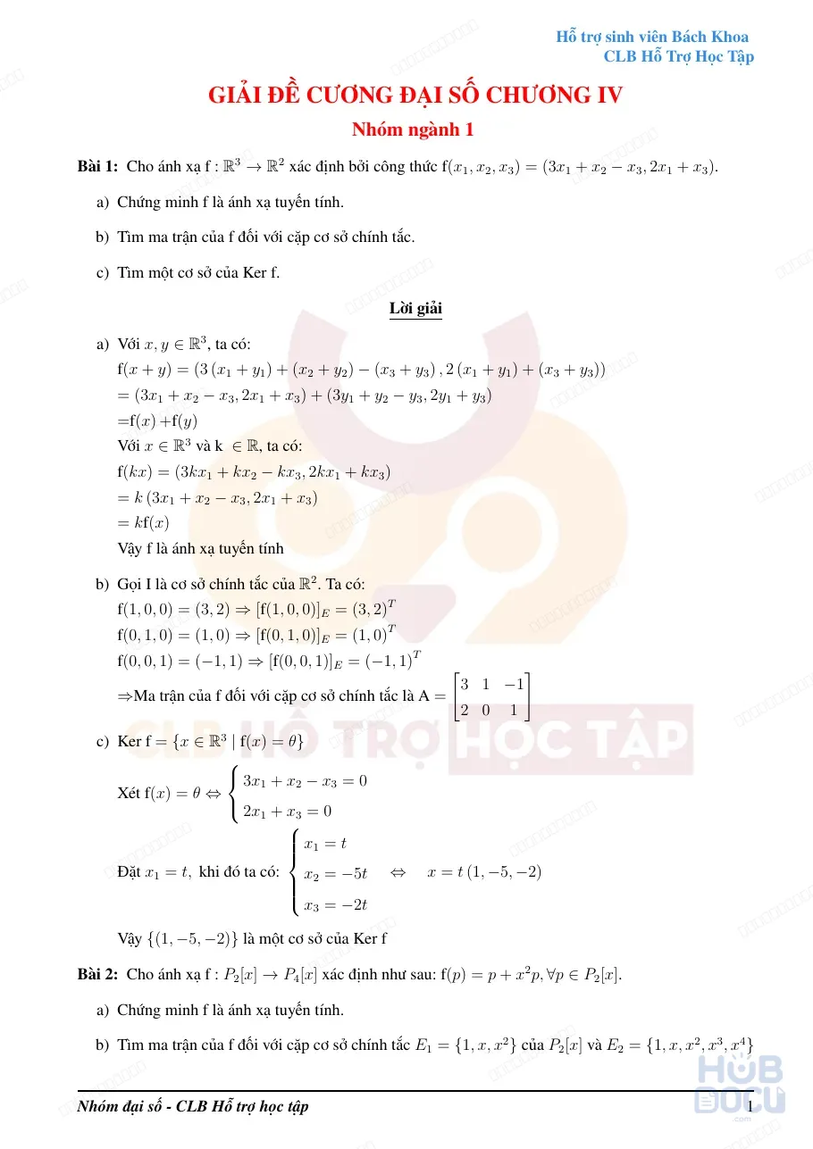 Giải Đề cương Đại số - Chương 4 (2024) (CLB HTHT HUST)