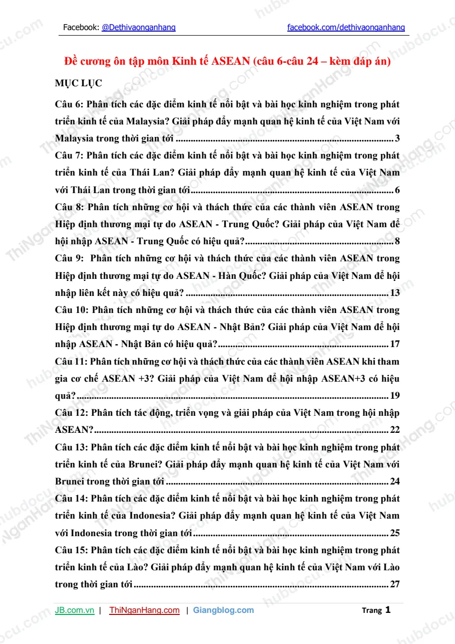 Đề cương ôn tập môn Kinh tế ASEAN (câu 6-câu 24 – kèm đáp án)