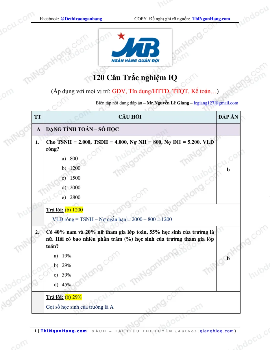 120 câu trắc nghiệm IQ - Thi MB 2016 (có Đáp án chi tiết)