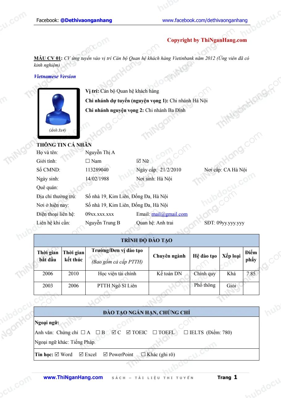 3 mẫu CV nộp ngân hàng (dành cho sinh viên và người đi làm)