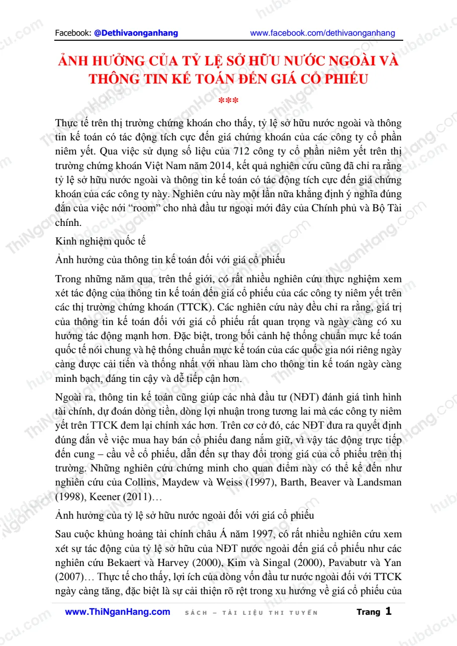 Ảnh hưởng của tỷ lệ sở hữu nước ngoài và thông tin kế toán đến giá cổ phiếu- Thị trường chứng khoán