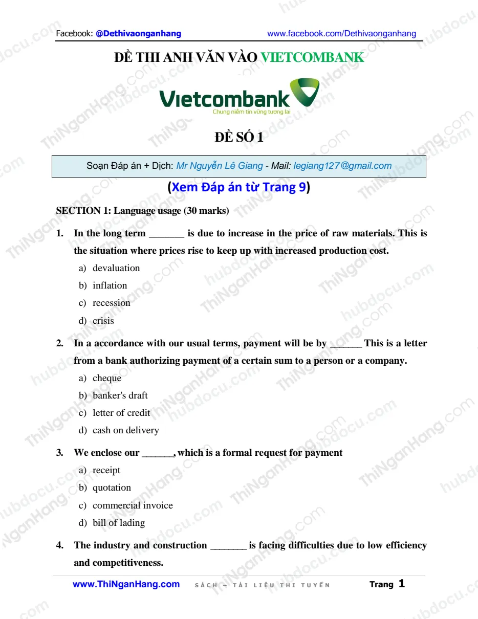Đề thi Anh Văn vào Vietcombank (Đề số 1) (kèm Đáp án và Dịch)
