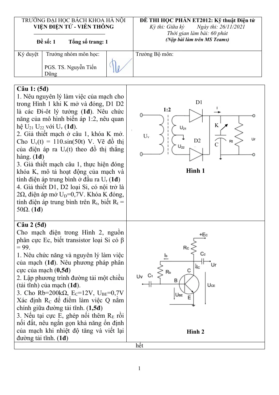 ĐỀ THI HỌC PHẦN ET2012: Kỹ thuật Điện tử (Bài 60)