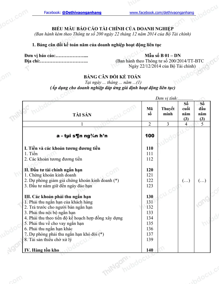 Hệ thống biểu mẫu Báo cáo tài chính của doanh nghiệp (Thông tư 200-2014)