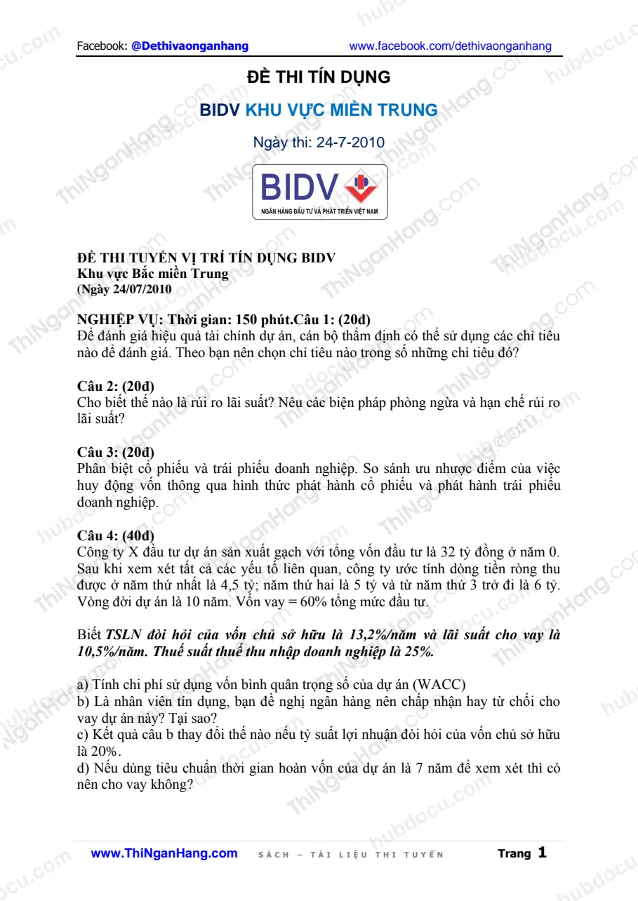 Đề thi Tín dụng BIDV khu vực miền Trung (24-7-2010)