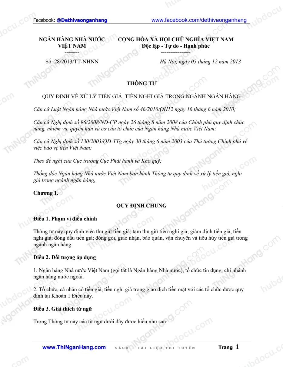 Thông tư 28-2013-TT-NHNN - Xử lý tiền giả và tiền nghi giả trong hệ thống ngân hàng