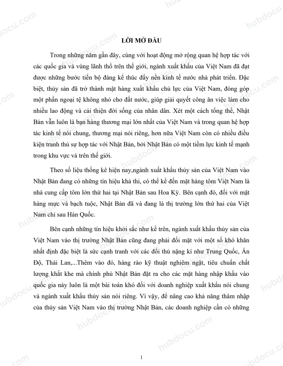 Tiểu luận - Hoạt động xuất khẩu thủy sản của Việt Nam vào Nhật Bản những năm vừa qua và các chính sách gợi ý