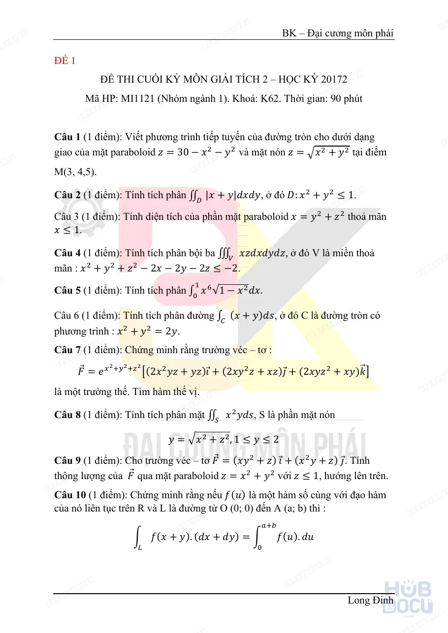 Đề cuối kỳ Giải tích 2 (HUST-K63) - TS.Bùi Xuân Diệu