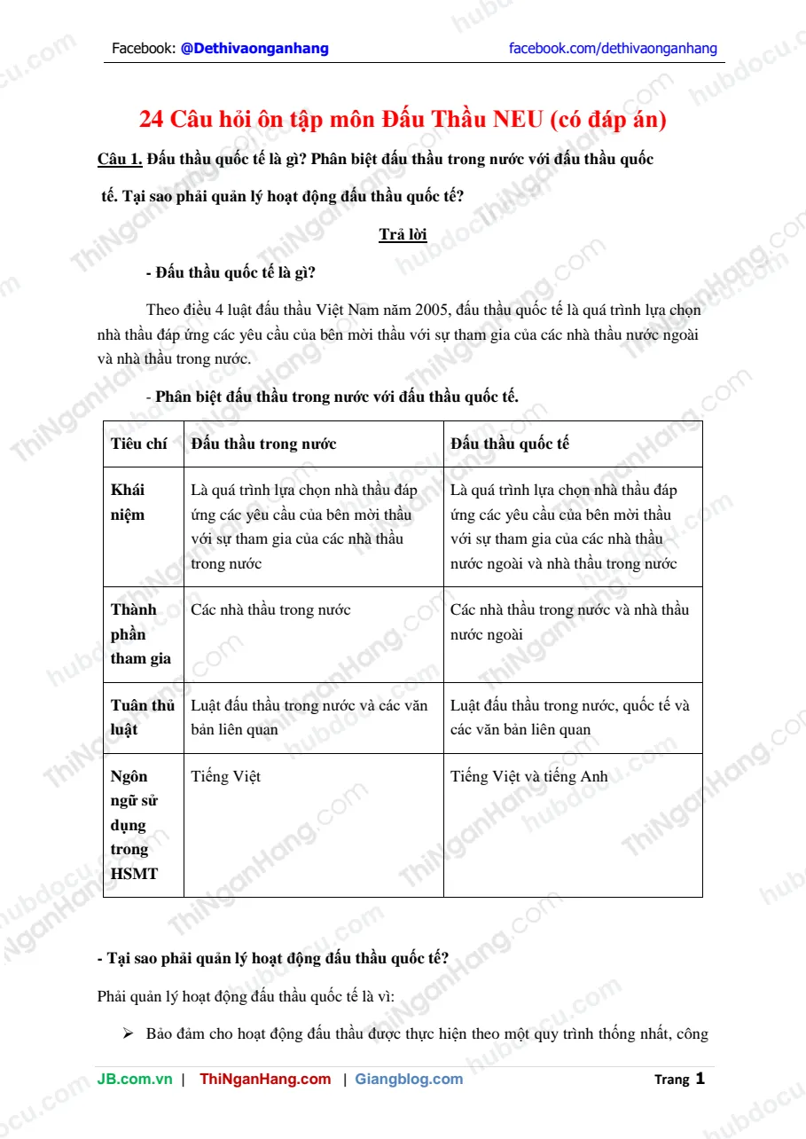 24 câu hỏi ôn tập môn Đấu Thầu NEU (có đáp án)