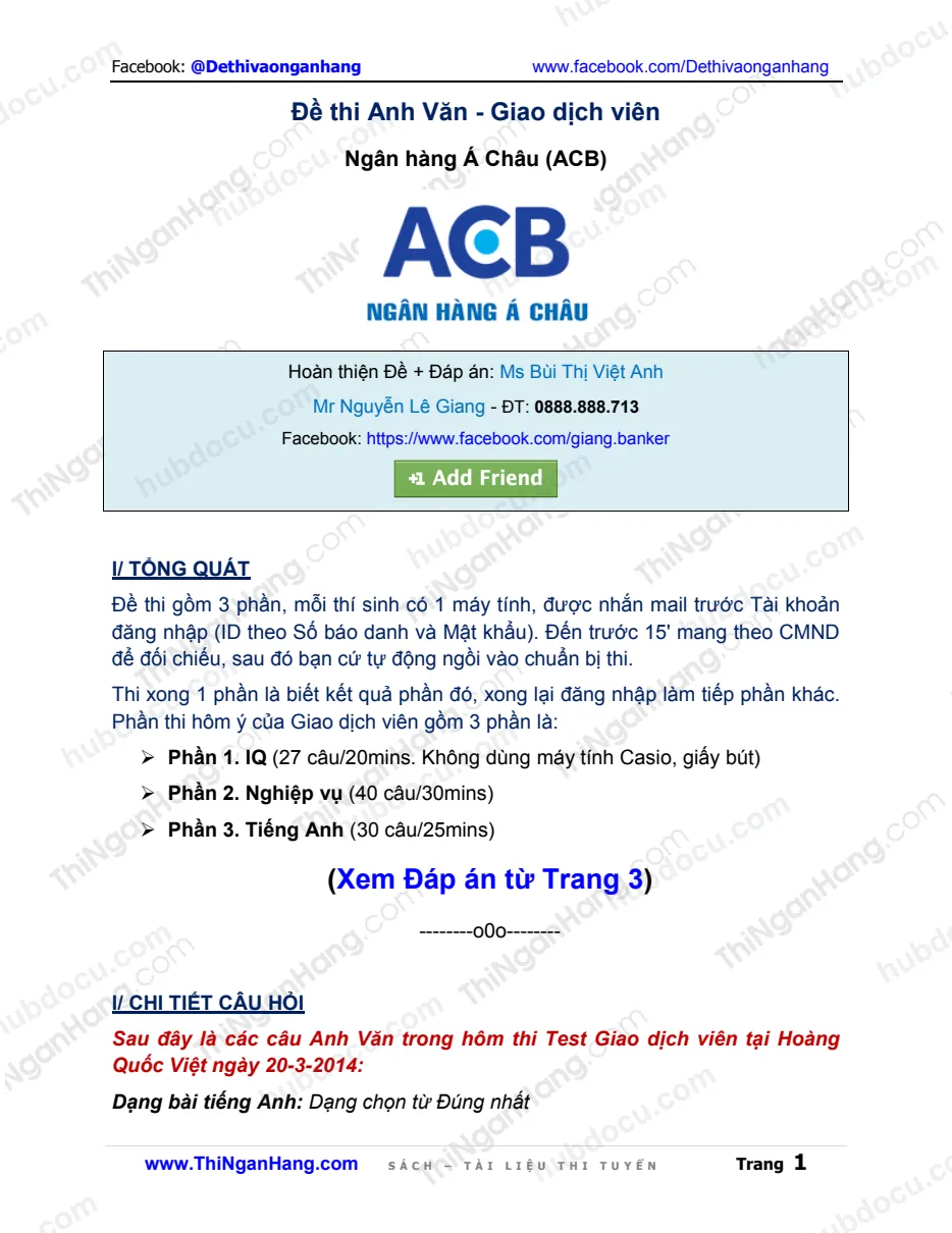 Đề thi Anh Văn Giao dịch viên (GDV) ACB (kèm Đáp án)