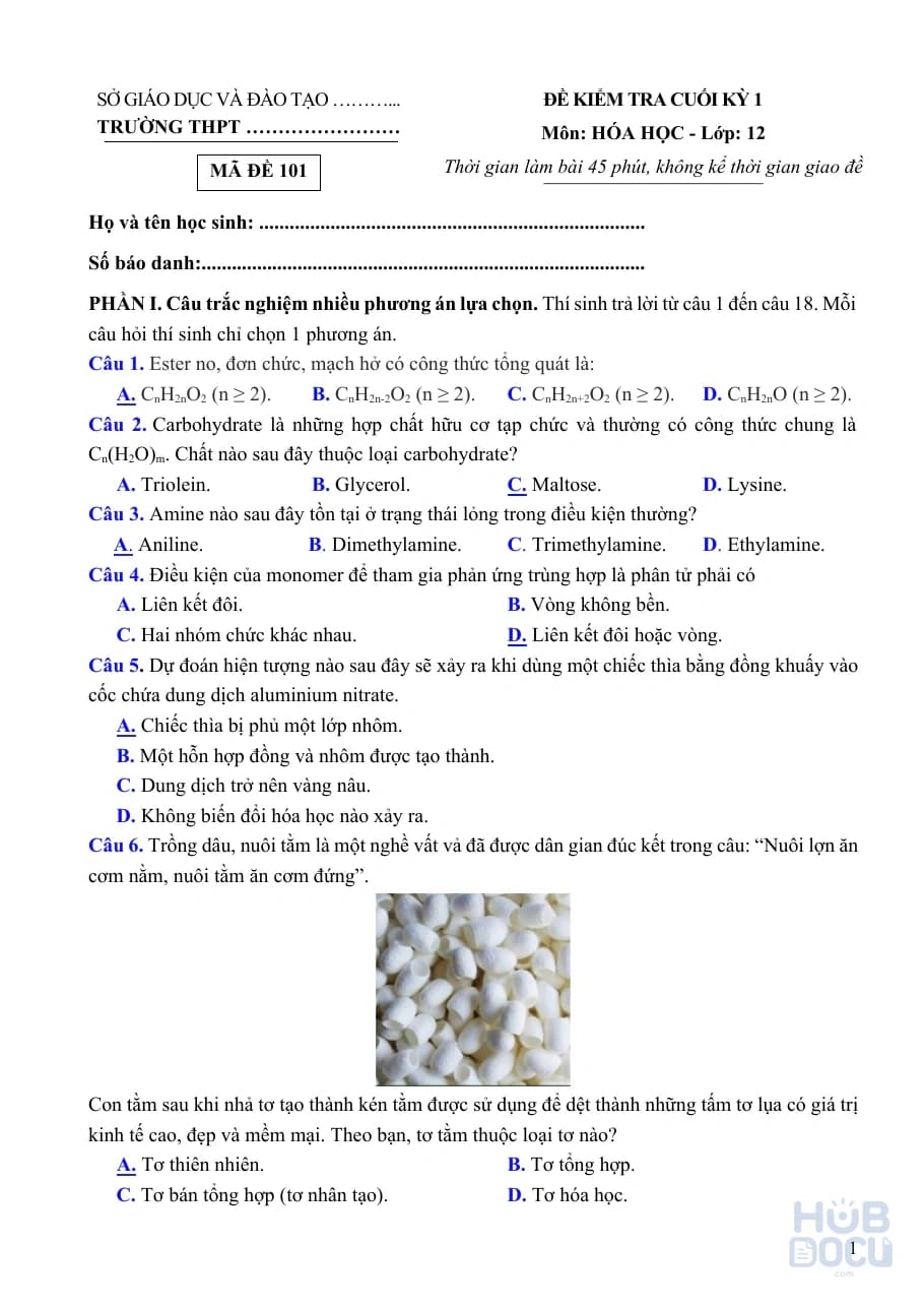 Bộ 10 Đề Hóa học 12 Thi cuối kỳ 1 File GV.