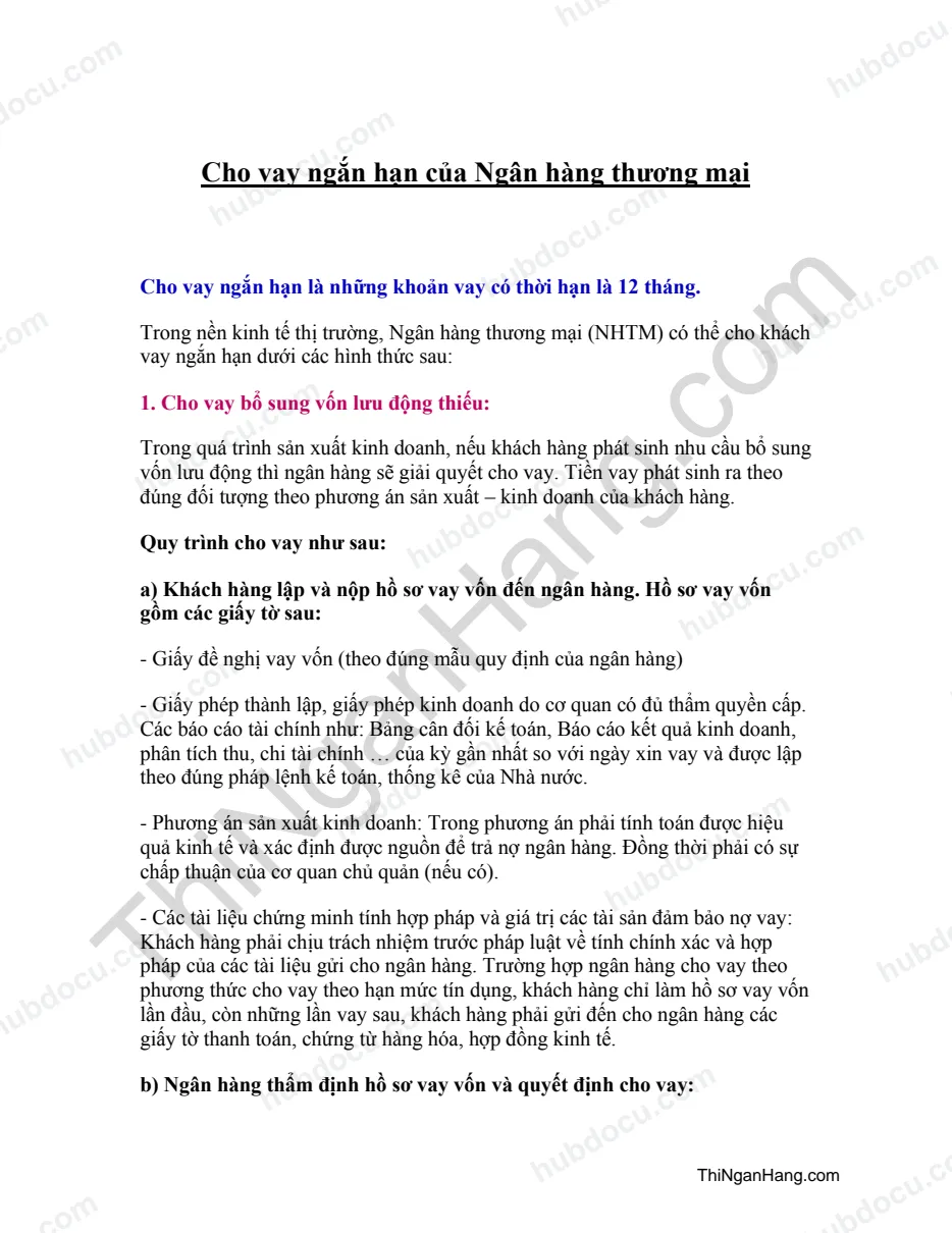 Cho vay ngắn hạn của Ngân hàng thương mại